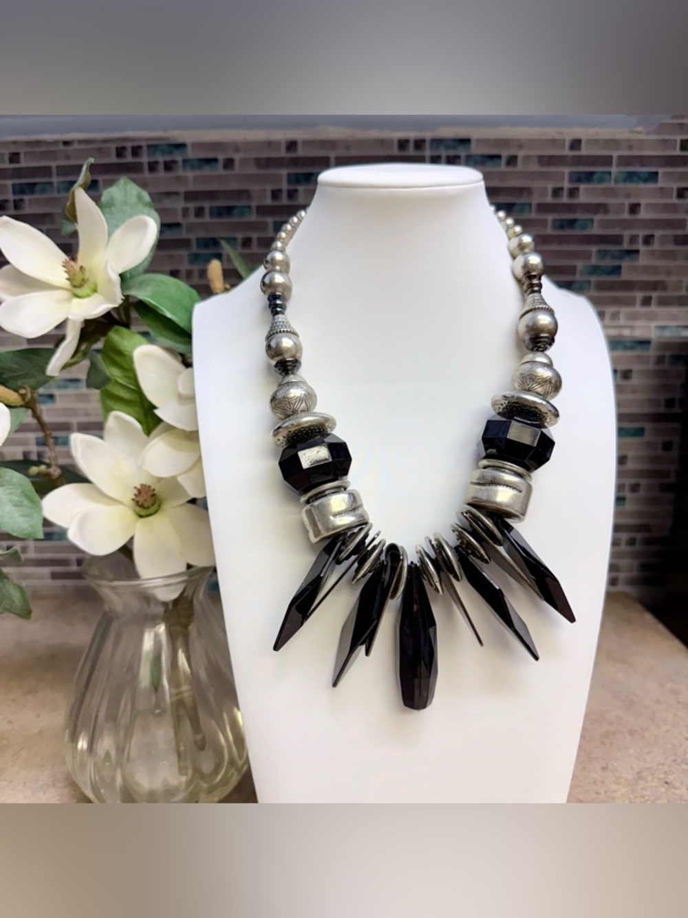 Chunky black and silver statement necklace